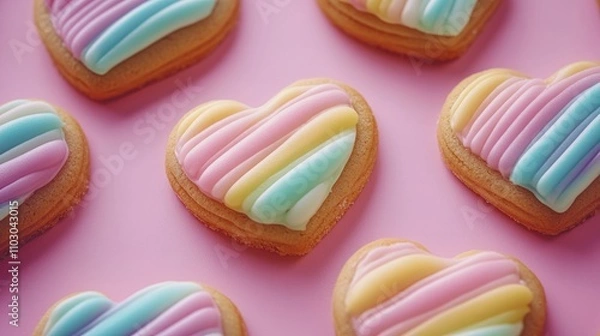 Fototapeta Heart-Shaped Cookies with Colorful Pastel Icing on a Soft Pink Background Ideal for Celebrations or Sweet Treats