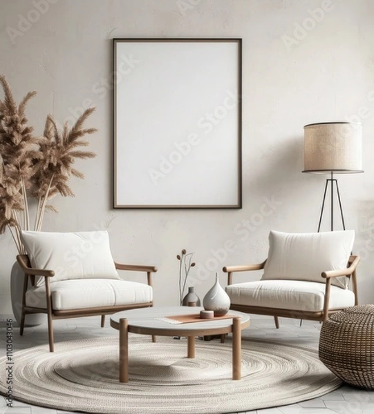 Obraz Minimalist living room interior with two white armchairs. a round coffee table. a framed picture. a floor lamp. a bouquet of pampas grass and a rug on a white wall background
