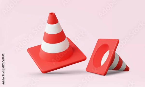 Obraz Red traffic cones icon on pink background. construction industrial accident prevention concept. sign symbol warning safety, Cartoon minimal cute smooth. 3d vector elements