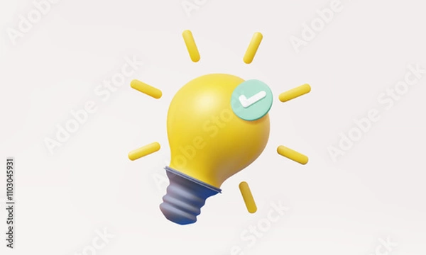 Obraz 3D vector Yellow light bulb with Green correct mark verify isolated on pastel background. startup creativity idea technology innovation vision combine investment concept. illustration