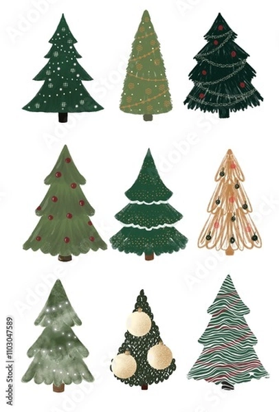Fototapeta Set of various christmas trees. For holidays designs, poster, postcards, textiles.