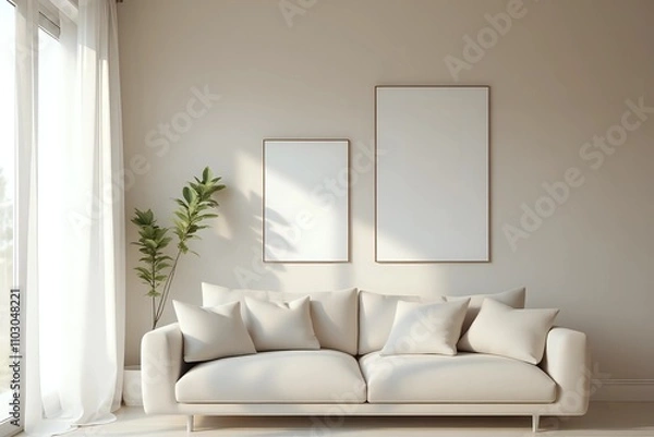 Obraz A serene and minimalist living room with textured stucco walls in a calming neutral tone