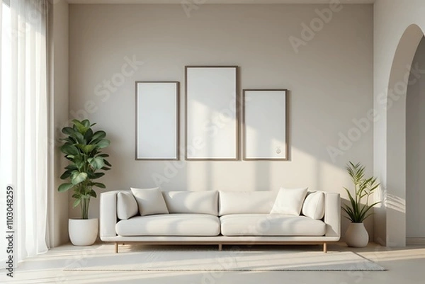 Fototapeta A serene and minimalist living room with textured stucco walls in a calming neutral tone