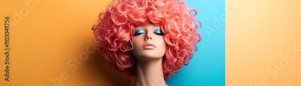 Fototapeta A vibrant mannequin with a pink curly wig and bright blue eye makeup set against a dual-colored background of orange and teal.