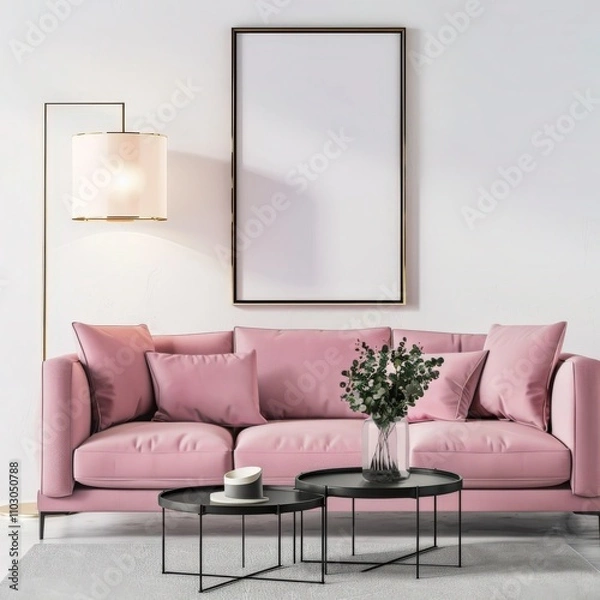 Fototapeta A modern living room with a pink sofa. a coffee table. a floor lamp. and a blank canvas