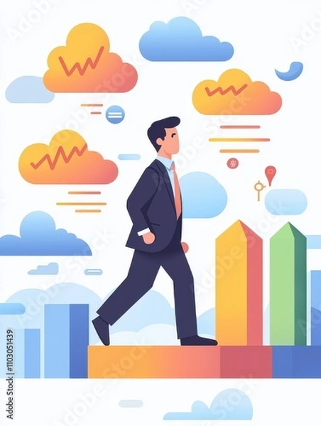 Fototapeta Budget Opportunity Expansion concept. Businessman walking on growth graph with clouds and data visualizations.