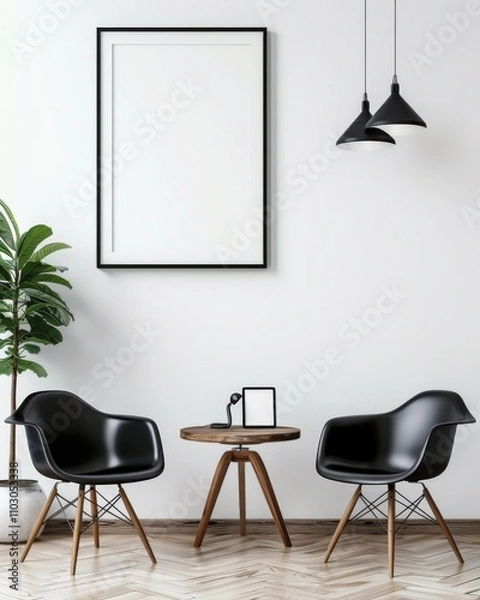 Fototapeta A minimalist interior with two black chairs. a small table with a vintage phone. and a large empty frame on the wall