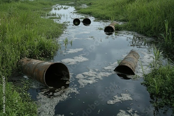 Fototapeta Polluted river impacted by factory discharges, showing murky waters, debris, and visible sewage outlets. The ecological effects demonstrate human negligence and environmental damage