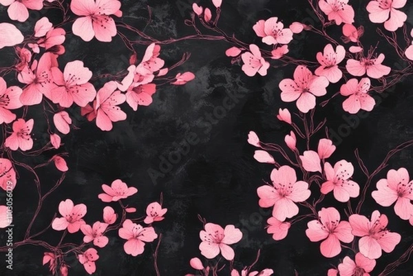 Fototapeta Elegant cherry blossom flowers with a pink outline on a dark background. Seamless pattern design