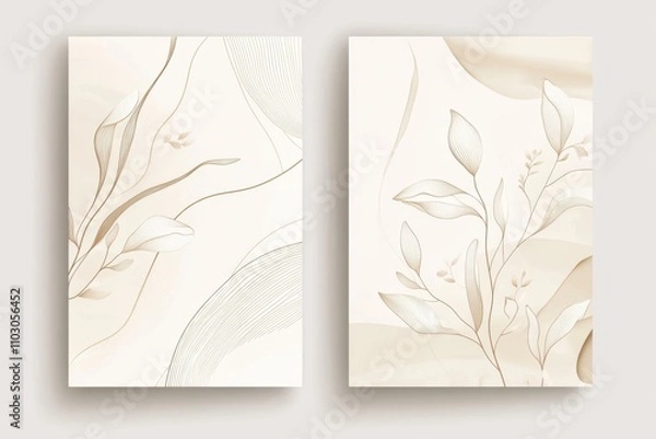 Fototapeta Chic nuptial announcement card layout. Delicate cream background showcasing golden artwork, botanical motifs, leafy accents, and greenery. Trendy visual for elite cover, flyer