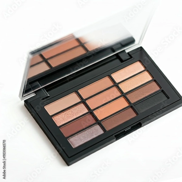 Fototapeta close up of open eyeshadow palette with neutral brown colors on white background