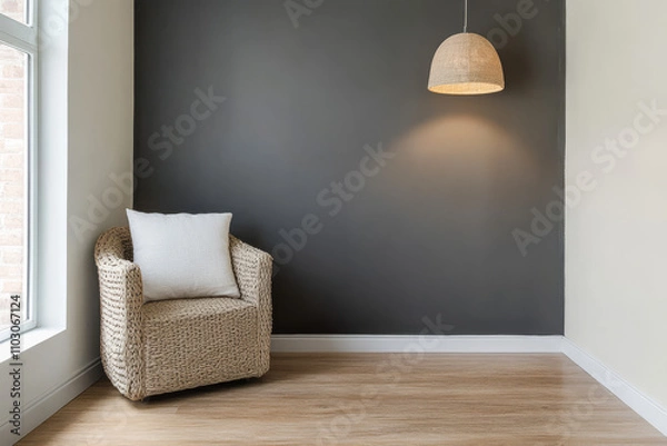 Fototapeta Cozy room corner with minimal furniture, a hanging lamp and daytime lighting