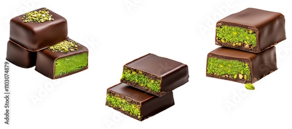 Fototapeta Set of Matcha green tea chocolate bars with pistachio filling isolated on transparent background