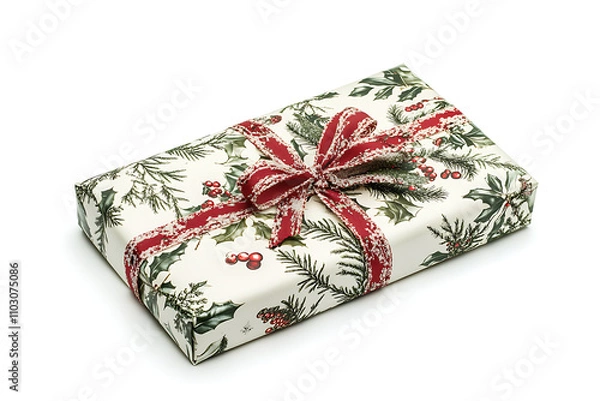 Fototapeta A beautifully wrapped Christmas gift box with a festive ribbon, isolated on a white background. Perfect for holiday promotions, invitations, and seasonal designs