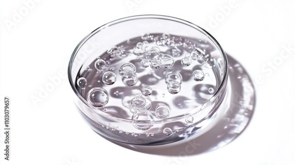 Fototapeta A clear glass petri dish filled with water and floating bubbles. The light reflects beautifully on the surface. Perfect for scientific and artistic projects. Generative AI