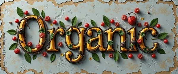 Fototapeta A green leafy background with a large, ornate lettering that reads "Organic." The lettering is surrounded by various green and brown objects, such as leaves, berries, and nuts