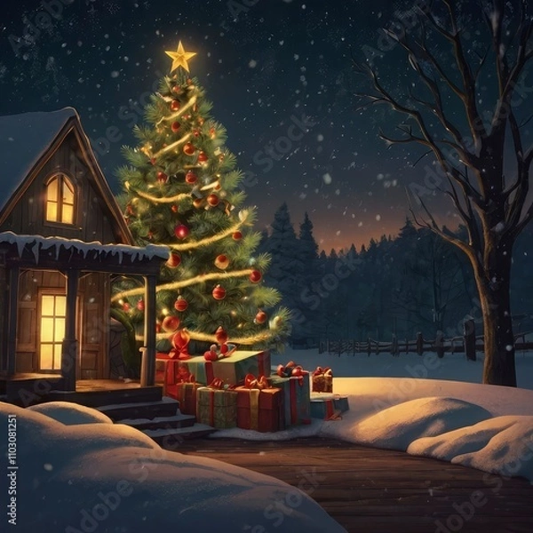 Fototapeta Christmas tree with gifts and snow
