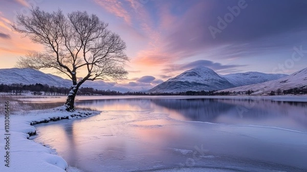 Fototapeta Serene snowy landscape at sunset with a solitary tree by a frozen lake, surrounded by distant mountains and a colorful sky reflecting on the water.