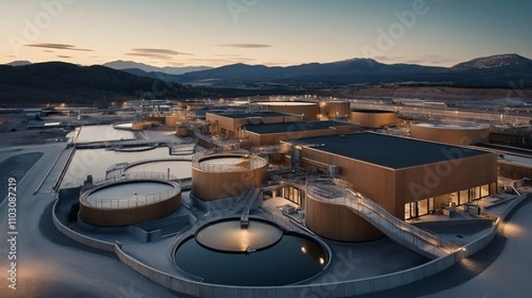 Fototapeta A modern industrial facility with circular tanks and buildings, likely for wastewater treatment.