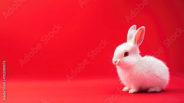 Obraz Plush white bunny figurine sitting on a bright red background, showcasing soft fur and expressive eyes in a playful and vibrant presentation.