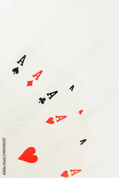 Fototapeta Top view of playing cards on white background. Four aces cards, board game, poker. Copy space, flat lay.