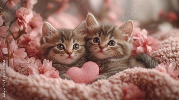 Fototapeta Two fluffy kittens nestled among pink flowers, holding a heart shape, symbolizing love and warmth in a soft and cozy setting.
