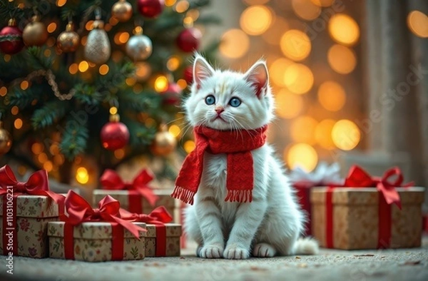 Obraz White kitten wearing a red scarf sitting in front of the Christmas tree. Close up. Festive bokeh background 