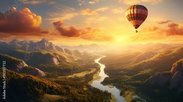 Fototapeta Stunning 3D Render of a Majestic Hot Air Balloon Gently Drifting Over a Picturesque and Serene Valley Bathed in the Warm Glow of the Sunrise