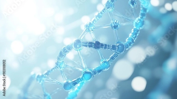 Obraz a DNA strand with transparent hexagonal elements interlinked around it in a network pattern on a light blue background