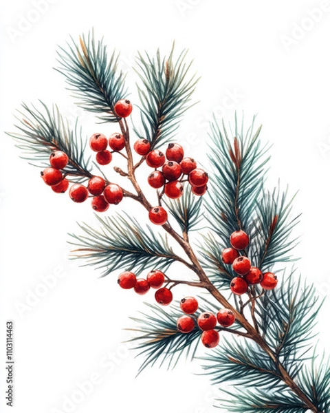 Obraz a realistic pine branch with red berries adorned with bright red berries, symbolizing winter beauty and nature's charm.
