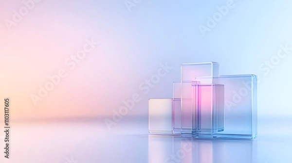 Fototapeta 3d render, abstract geometric background, translucent glass with violet pink blue gradient, simple square shapes