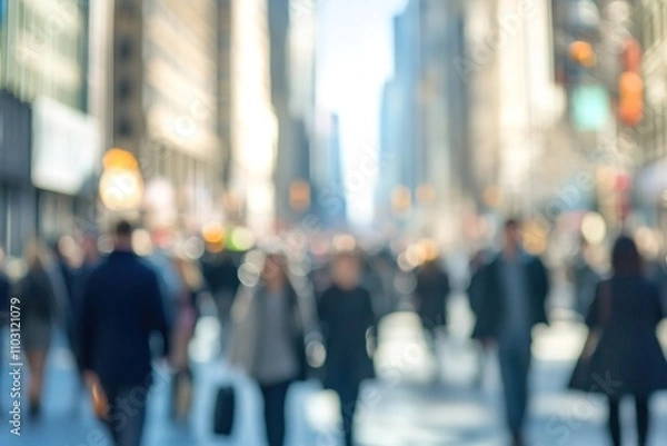 Obraz Blurred urban scene with walking people and city backdrop