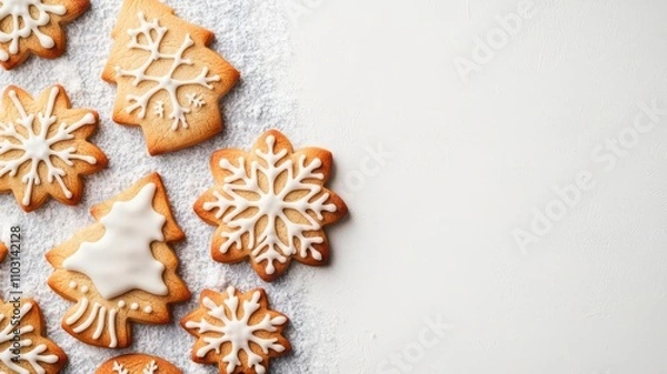 Fototapeta Flat lay of Christmas cookies in the shape of trees and stars, arranged on a festive red tablecloth   Christmas cookies, festive food display