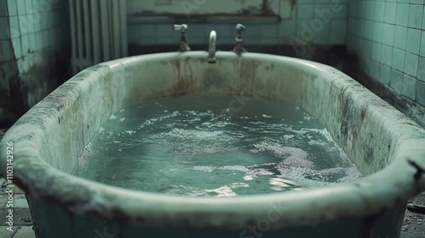 Obraz A vintage bathtub filled with water, showcasing a rustic, worn-out aesthetic in a dimly lit abandoned bathroom.