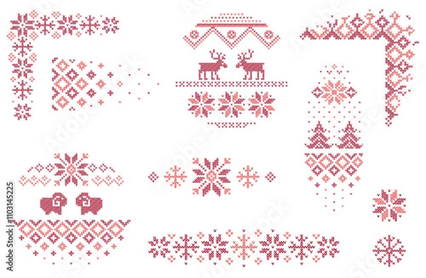 Obraz Red knitted pattern design line for christmas or winter season with different corner, divider and frame elements