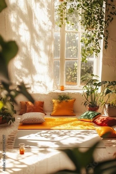 Fototapeta vertical image light room interior with yoga mat near the window, surrounded by pillows and houseplants, soft sunlight