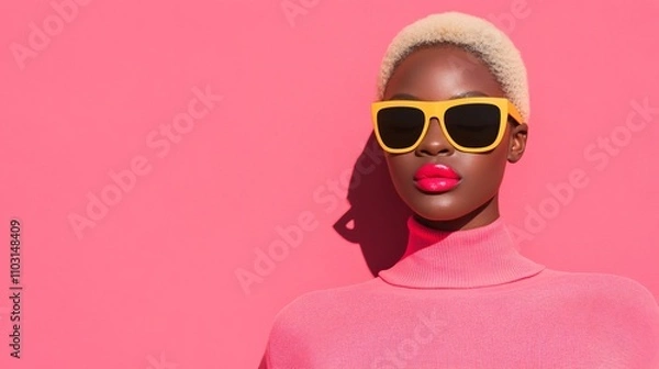 Fototapeta African American woman in pink turtleneck and yellow sunglasses on bright pink background. Fashion style portrait. Modern minimal concept for beauty, style banner with copy space