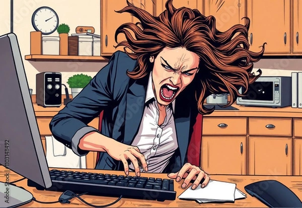 Obraz Young businesswoman working from home using laptop, she has serious problems and she is furious, remote work concept for women