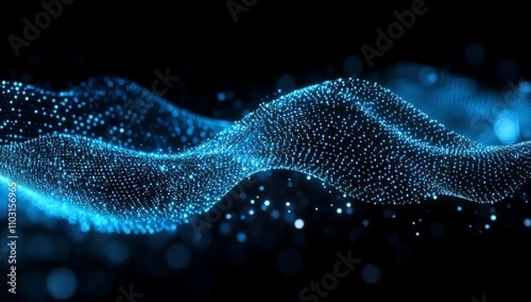 Fototapeta Abstract blue digital wave with glowing particles on a black background.
