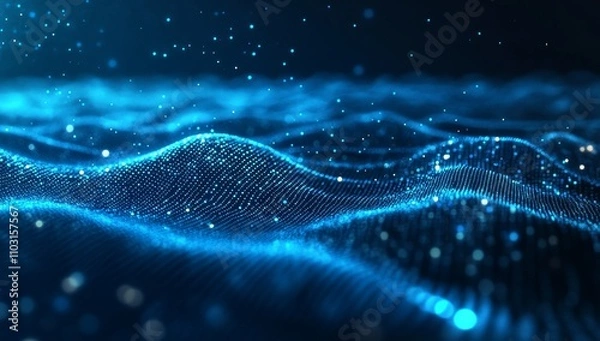 Obraz Abstract blue wave background with glowing particles.