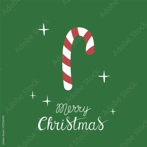 Obraz Christmas greeting card with "Merry Christmas" handwritten lettering and christmas candy cane on a green background. Simple design for print, social media and more