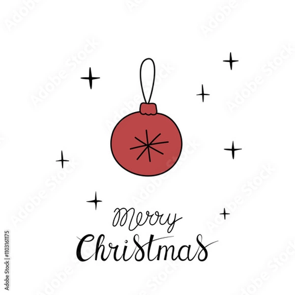 Obraz Christmas greeting card with "Merry Christmas" handwritten lettering and red Christmas tree ball on a white background. Simple design for print, social media and more