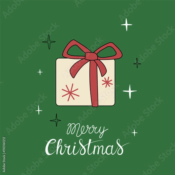 Obraz Christmas greeting card with "Merry Christmas" handwritten lettering and gift box on a green background. Simple design for print, social media and more