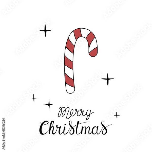 Obraz Christmas greeting card with "Merry Christmas" handwritten lettering and christmas candy cane on a white background. Simple design for print, social media and more