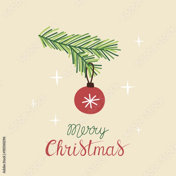 Obraz Christmas greeting card with "Merry Christmas" handwritten lettering and Christmas tree branch with red ball decoration on a beige background. Simple design for print, social media and more