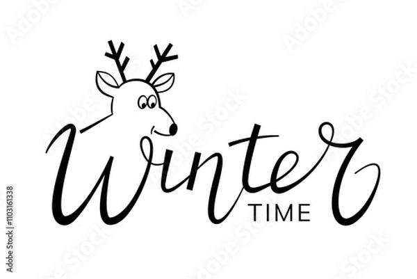 Obraz "Winter time" handwritten lettering with Christmas deer. Isolated text on white for design postcard, poster, banner