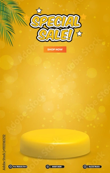 Fototapeta special sale discount portait template banner with blank space 3d podium for social media post product sale with abstract gradient yellow background design 8