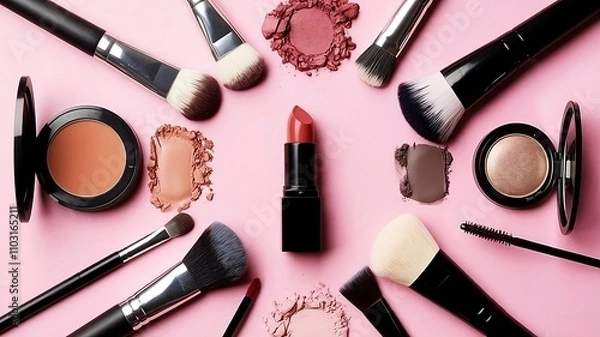 Fototapeta A photo of various makeup items, including brushes, eyeshadow, lipstick, and mascara, arranged on a pink background
