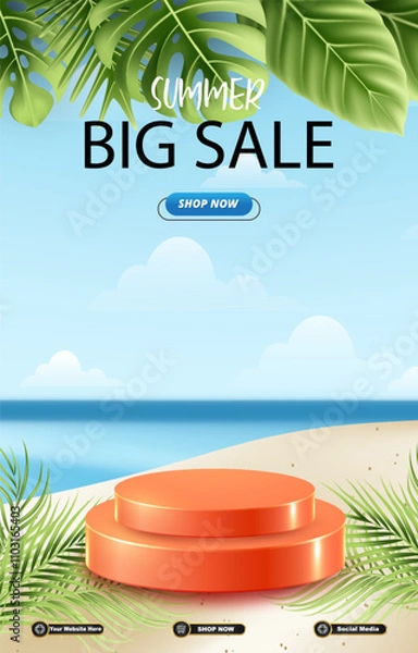 Fototapeta summer big sale discount portait template banner with blank space 3d podium for social media post product sale with abstract gradient blue background design 17