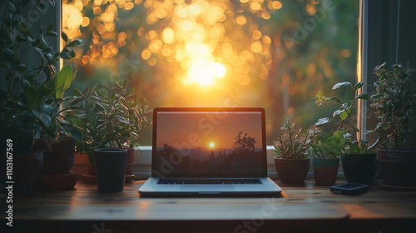 Obraz A clean, modern workspace setup with a laptop, coffee cup, and minimalist decor, designed for productivity and comfort, creating a stylish and functional working environment.